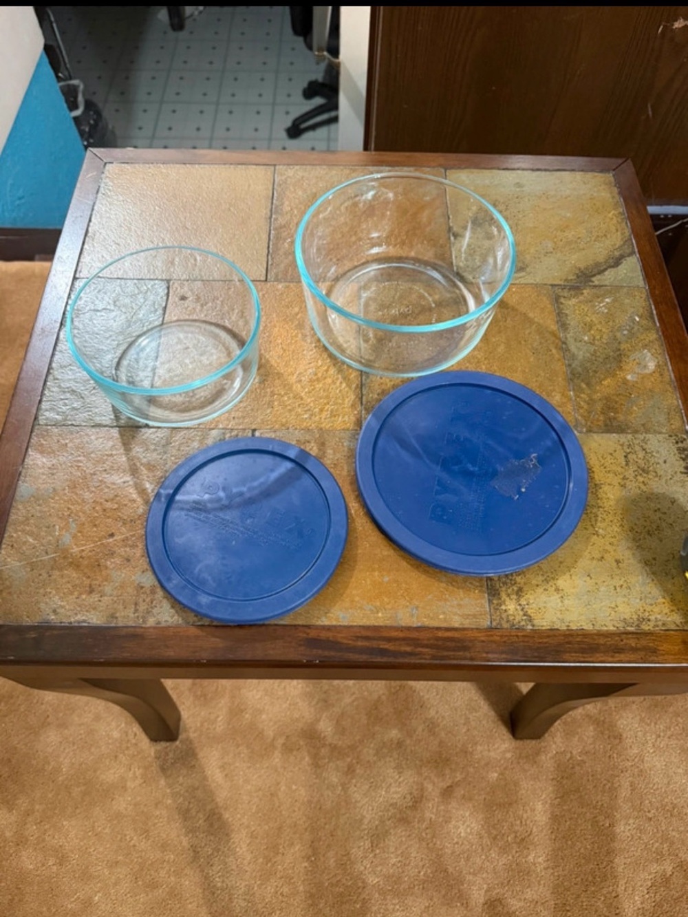Pyrex Clear Glass Bowls with Blue Lids - Set of 2